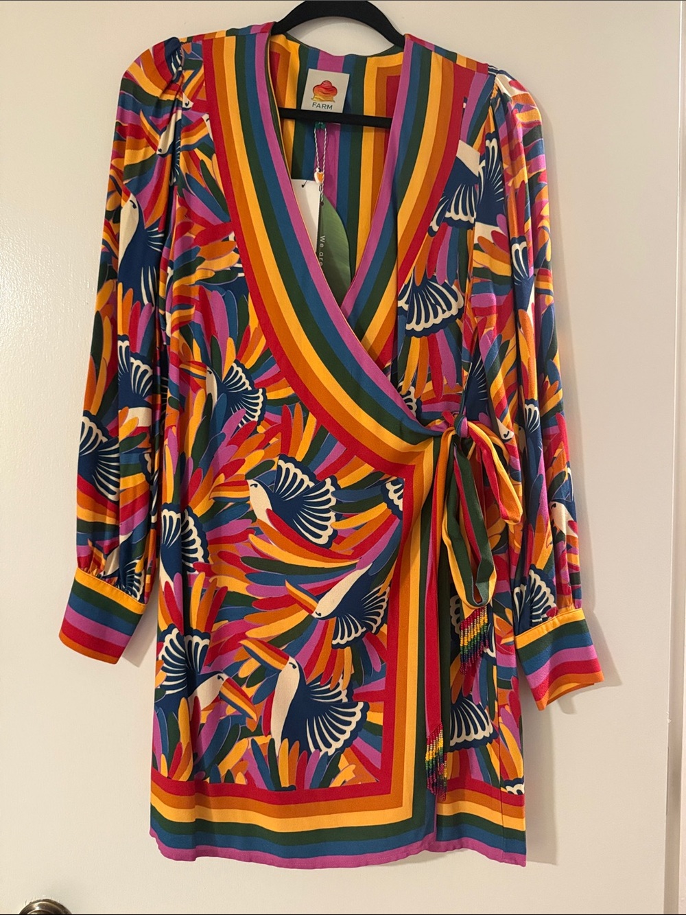 FARM Rio Multicolor Striped Wrap Dress with Bird Print